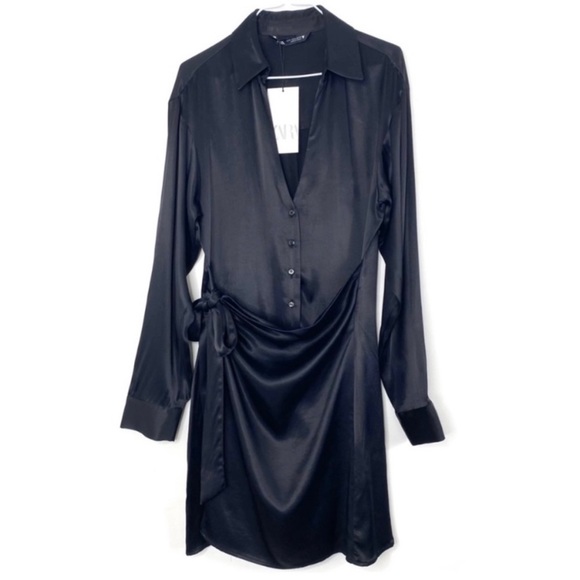 NWT Silky Satin Zara Button Up Wrapped Waist Mini Dress in Black Size M - Picture 2 of 6